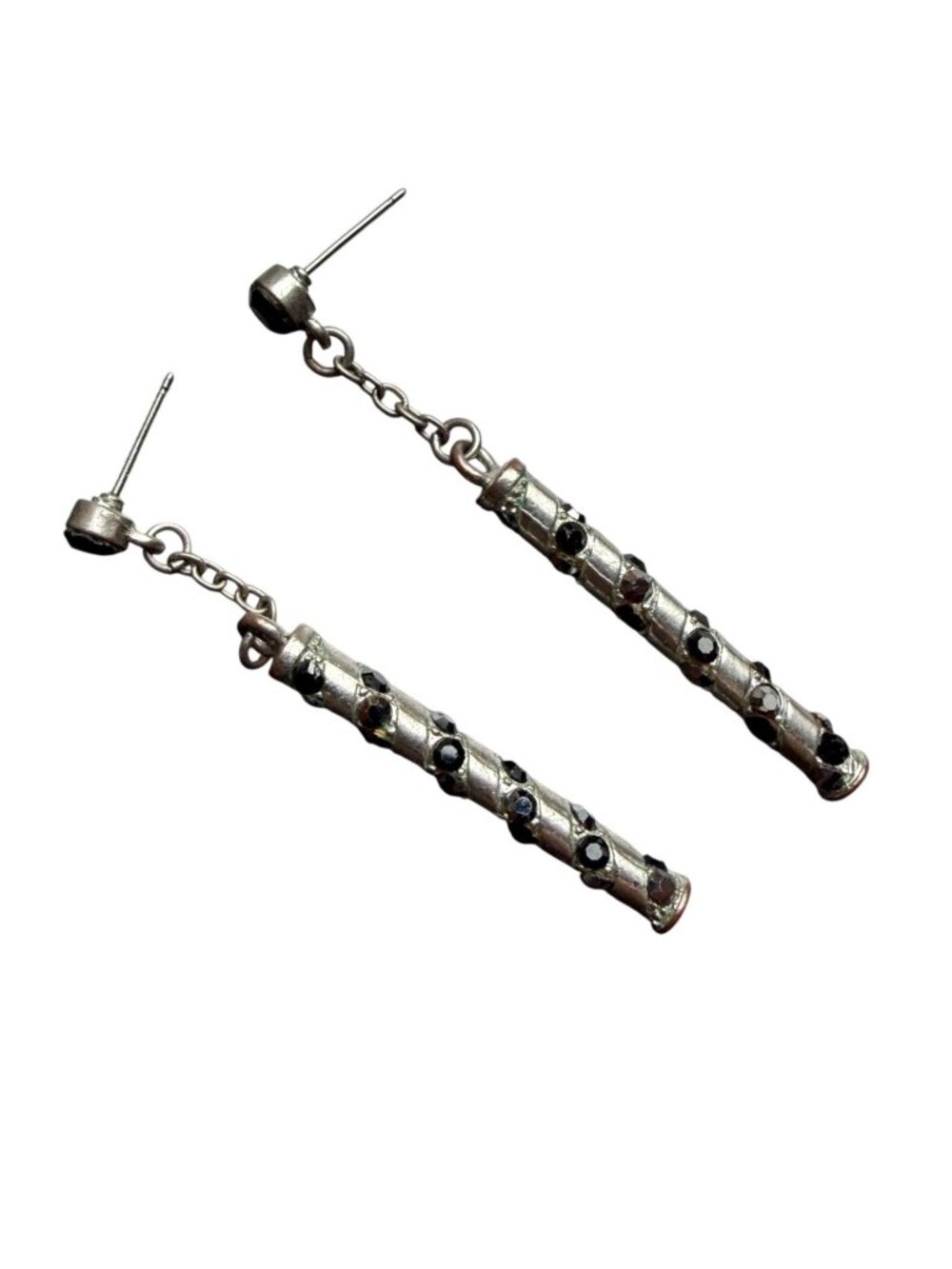 Silver-Toned Dangle Earrings With Black Rhinestones 3.5-Inch Drop Length Elegant